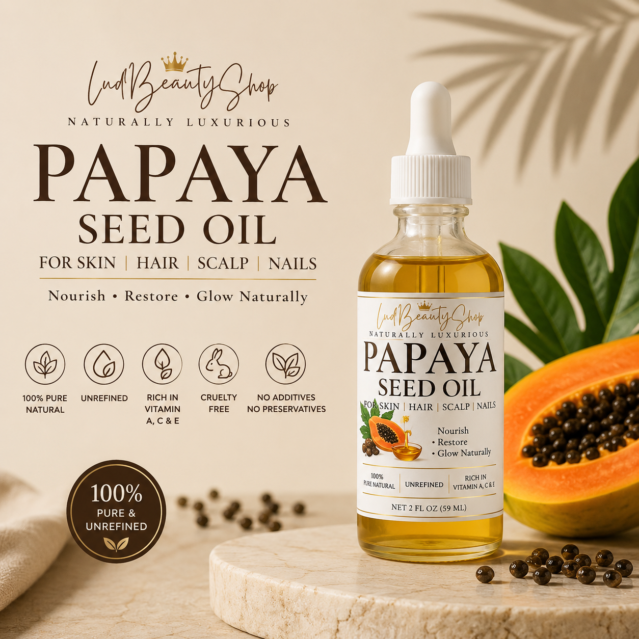 A bottle of Lud Beauty Shop Papaya Seed Oil stands on a stone surface beside sliced papaya and scattered seeds, with large product text and icons on a beige background.