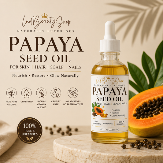 A bottle of Lud Beauty Shop Papaya Seed Oil stands on a stone surface beside sliced papaya and scattered seeds, with large product text and icons on a beige background.