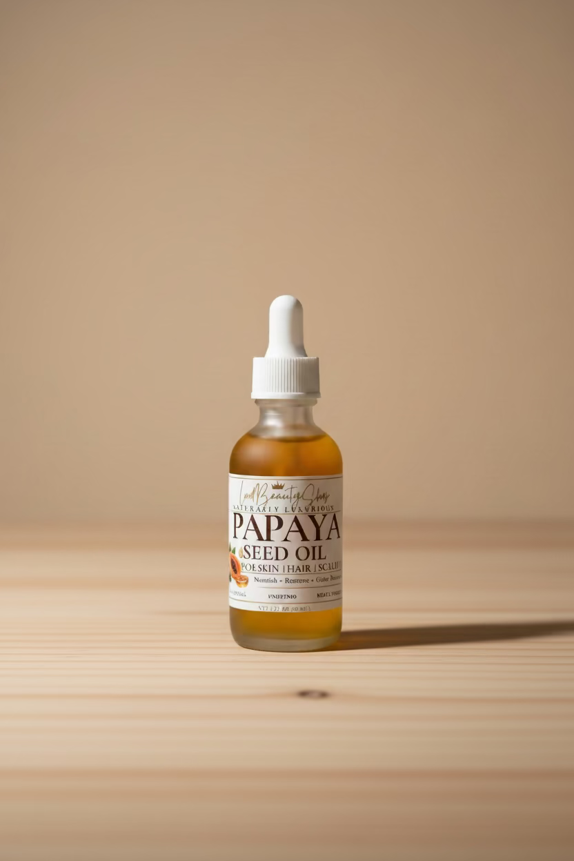 A bottle of papaya seed oil with a white dropper cap, set on a light wooden surface against a neutral beige background. The label reads LudBeautyShop NATURALLY LUXURIOUS PAPAYA SEED OIL'.